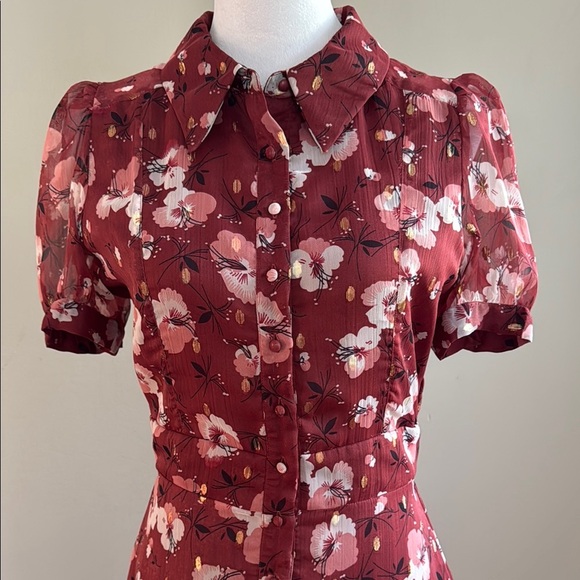 Walter Baker Smith Berry Hibiscus Burgundy Floral Handkerchief Hem Mide Dress S - Picture 7 of 16